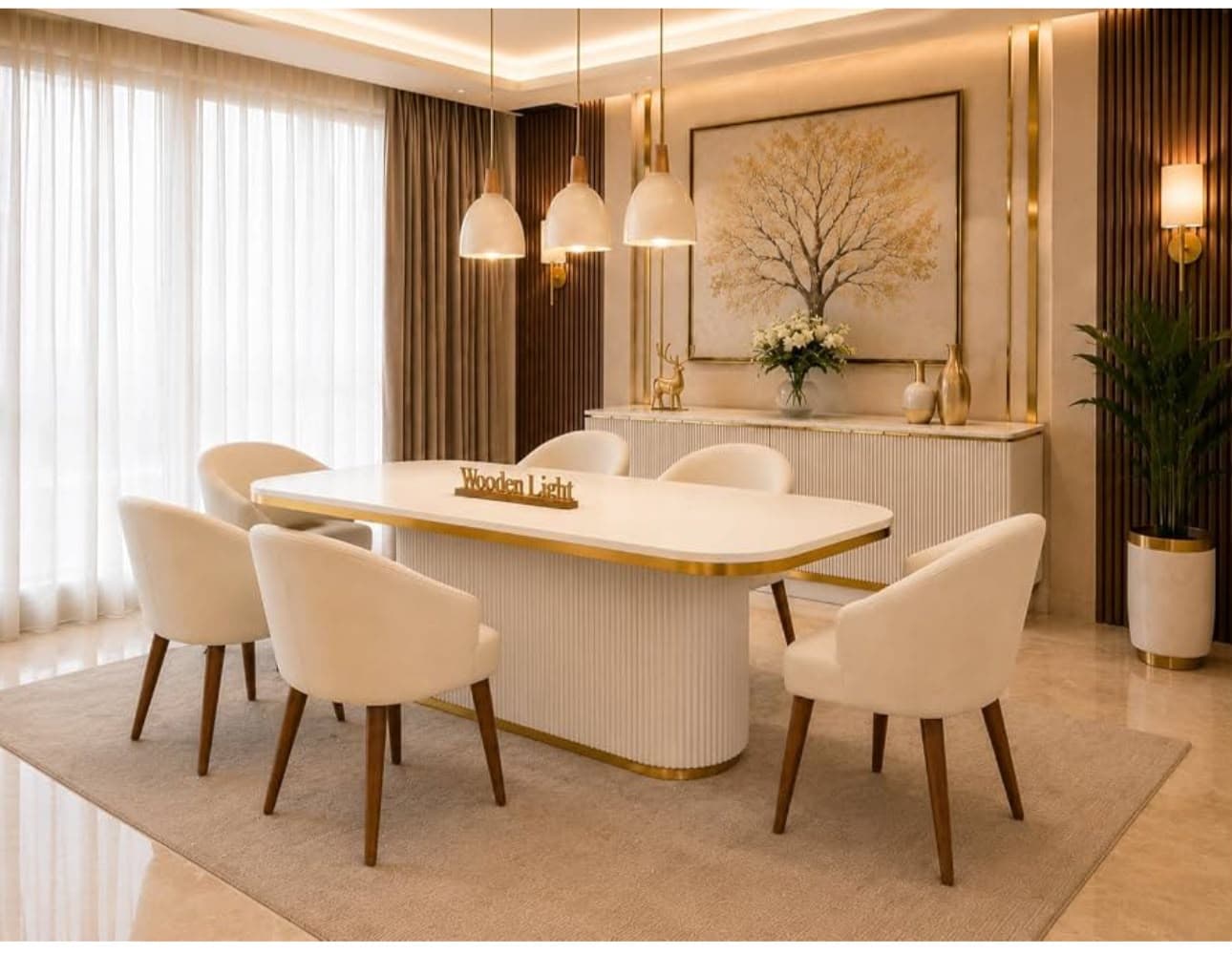 A modern white table featuring a rectangular top with rounded corners, supported by a central, fluted pedestal base, all accented with elegant brass trim. — 3D model