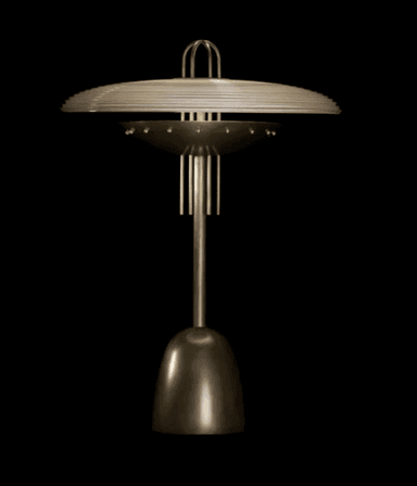 An Art Deco or Streamline Moderne inspired table lamp featuring a distinctive tiered, layered shade made of translucent material, supported by a brushed metal base and stem. The lamp incorporates a bowl-shaped element beneath the shade adorned with small rivet-like details. The base is a smooth, rounded dome, and the overall finish is a matte, aged silver tone. — 3D model