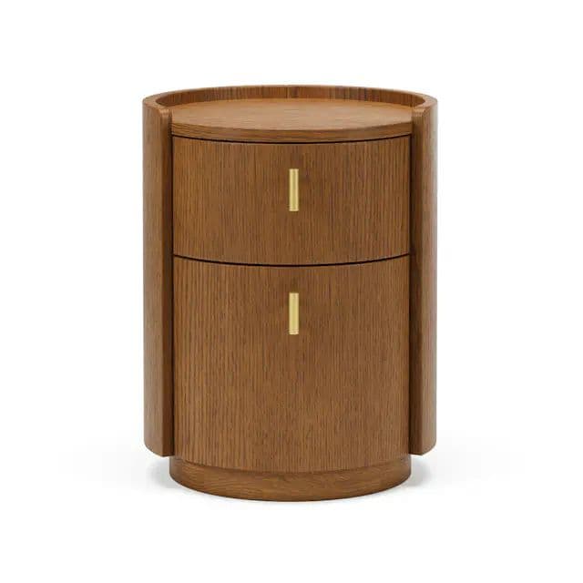 A cylindrical nightstand featuring two drawers with brass bar handles. The unit is constructed from wood with a visible grain pattern. The top surface is rounded, and the base has a slightly flared, circular profile. Vertical wood paneling is visible on the drawer fronts. — 3D model