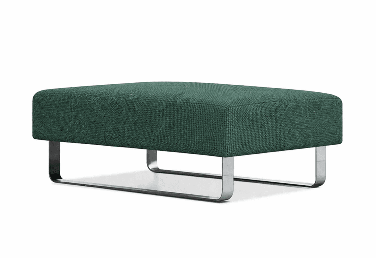 A rectangular ottoman with a tufted or textured fabric upholstery and a minimalist metal base. The fabric appears to be a durable, woven textile in a deep green hue. The base is composed of two U-shaped chrome or polished metal legs that extend from the sides and connect with a lower horizontal support, creating a sleek and modern aesthetic. — 3D model