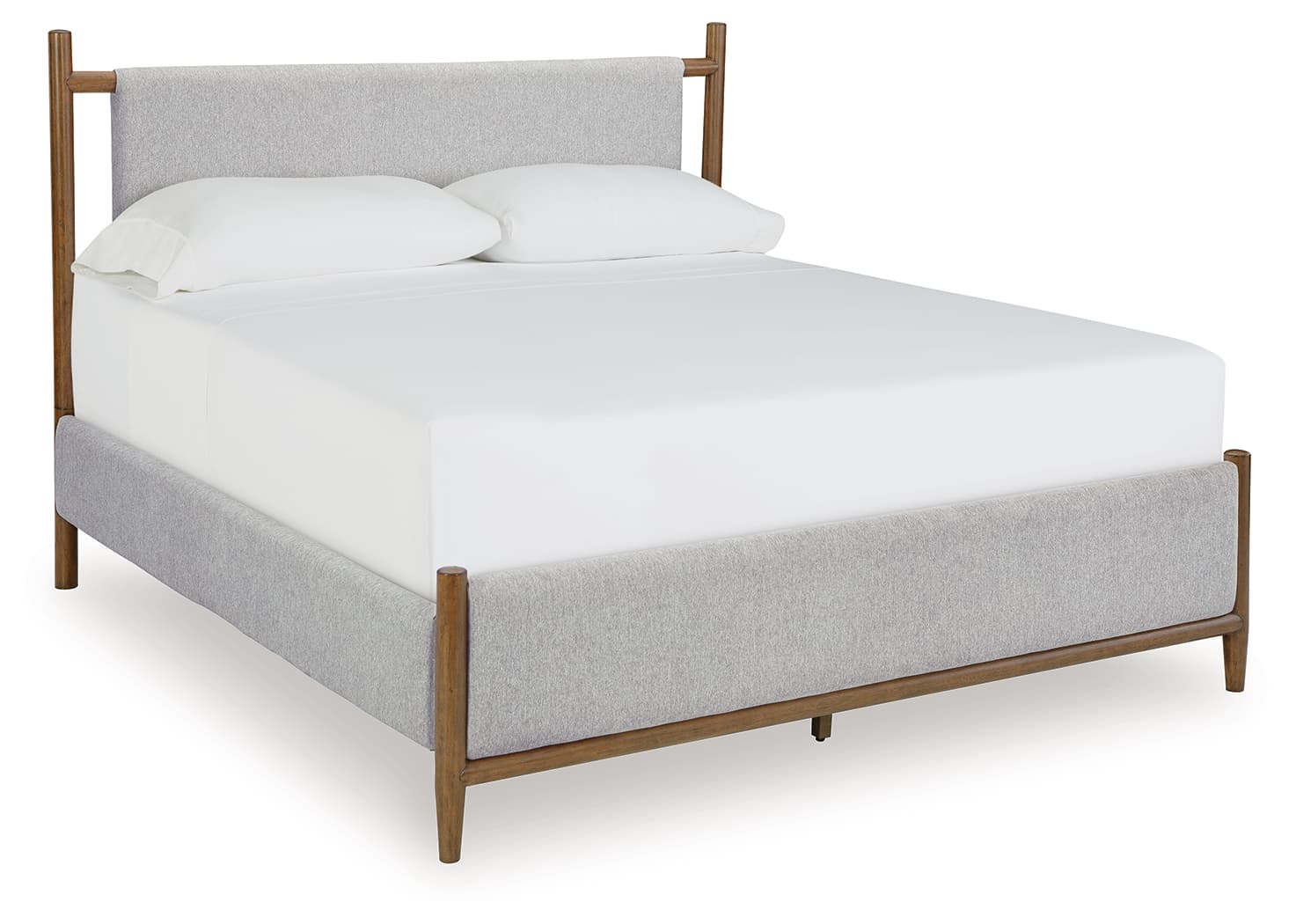 A modern platform bed featuring a light gray upholstered headboard and side rails, supported by a visible dark wood frame with slender, tapered legs. — 3D model