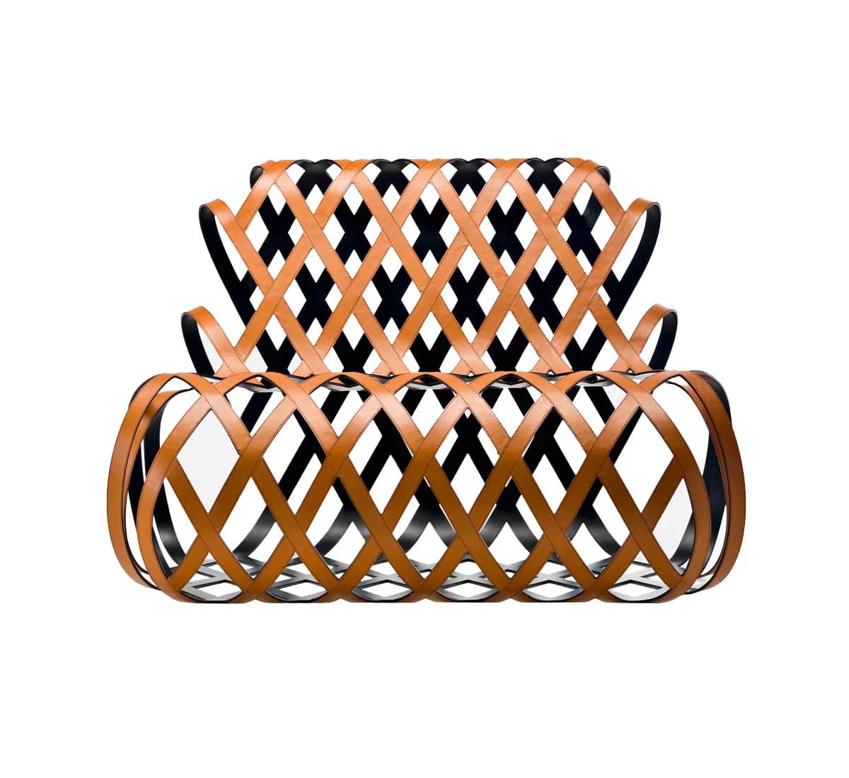 A modern armchair with a distinctive open lattice design. The structure features intersecting straps in brown and black, forming a diamond pattern. The base is cylindrical, and the back curves slightly upwards, with integrated armrests. — 3D model