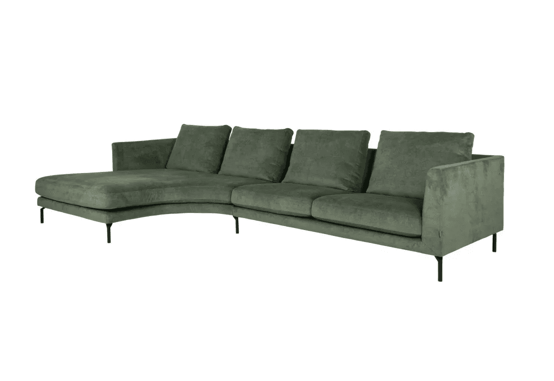 A modern left-facing chaise sectional sofa upholstered in olive green velvet. The sofa features a low-profile design with straight arms, loose back cushions, and slender black metal legs, providing a contemporary aesthetic and ample lounging space. — 3D model
