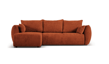 An L-shaped sectional sofa upholstered in a textured, burnt orange or terracotta fabric, featuring an integrated chaise lounge on the left side. The design includes plush, loose back cushions and small accent pillows, complemented by subtly curved, integrated track arms. — 3D model