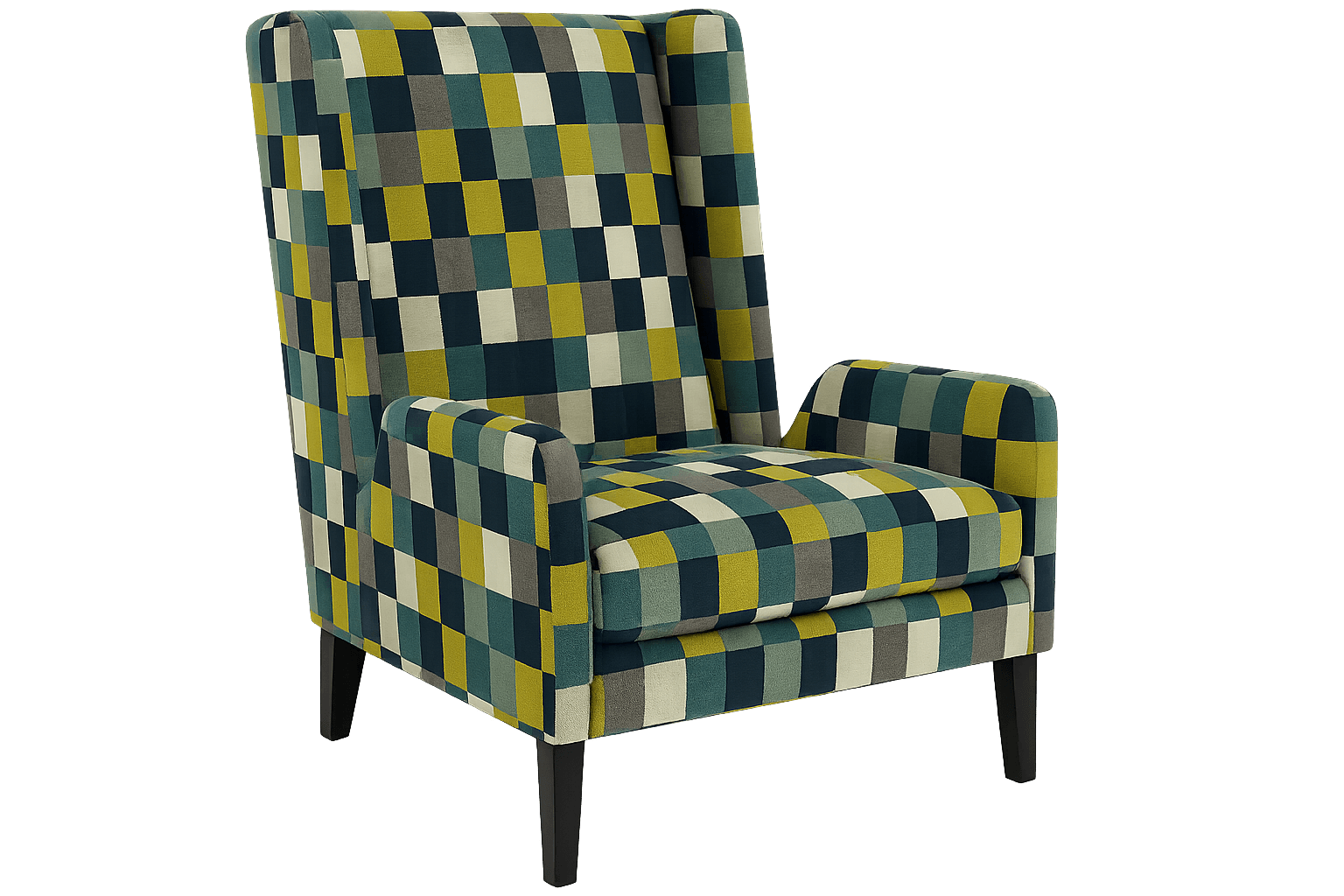 A high-back armchair upholstered in a fabric featuring a geometric checkerboard pattern. The pattern consists of squares in shades of teal, yellow, grey, and off-white. The armchair has a winged back, a seat cushion, and armrests. It is supported by four dark, tapered legs. — 3D model