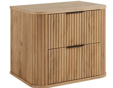 A compact, rectangular bedside cabinet or nightstand made of light-toned oak wood, featuring two drawers with integrated black bar handles. The front and side panels are adorned with a fluted or reeded texture, and the top and base edges are smoothly rounded. — 3D model