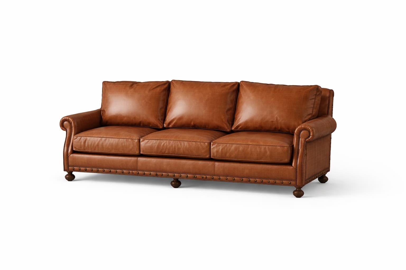A three-seater sofa upholstered in brown leather with a slightly textured finish. It features rolled arms, a padded back with three loose cushions, and a base skirt adorned with decorative nailhead trim. The sofa is supported by four turned wooden legs. — 3D model