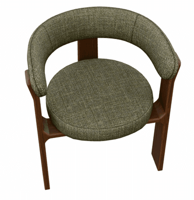 A modern upholstered chair with a distinctive dark wood frame and a circular seat and curved backrest in dark green fabric, viewed from below. — 3D model