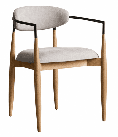 A contemporary armchair featuring a light-toned solid wood frame, light grey fabric upholstery on the seat and rounded backrest, and sleek black metal armrests. — 3D model
