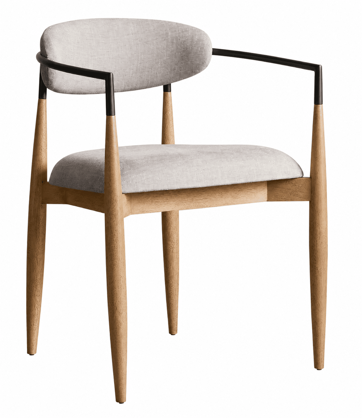 A contemporary armchair featuring a light-toned solid wood frame, light grey fabric upholstery on the seat and rounded backrest, and sleek black metal armrests. — 3D model