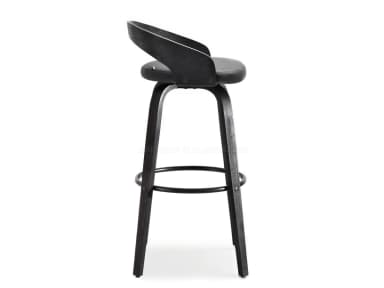 A modern black wooden bar stool with a padded swivel seat, curved low backrest, and metal footrest ring. — 3D model