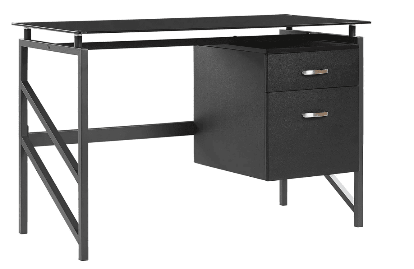 A contemporary desk featuring a black tempered glass top resting on a sturdy black powder-coated metal frame. The design incorporates an integrated two-drawer storage cabinet on one side, also in black. The frame includes an X-shaped brace on one end for stability and a minimalist rectangular support on the other, where the drawer unit is attached. The drawers are equipped with sleek silver-tone bar pulls. — 3D model