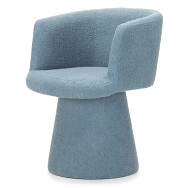 A modern armchair with a rounded, sculptural form. It features a high, enveloping backrest and armrests that merge seamlessly into the seat. The base is a solid, truncated cone pedestal, providing a stable foundation. The upholstery has a textured, looped pile fabric. — 3D model