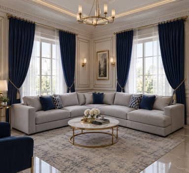 An L-shaped modular sectional sofa upholstered in light grey fabric. The sofa consists of multiple interchangeable units, forming a corner configuration. It features a low-profile design with wide, square arms and block-style feet. The backrests and seat cushions are removable, and it is accessorized with several throw pillows in dark blue and a geometric pattern. — 3D model