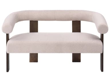 An armchair with a rounded, upholstered backrest and seat, supported by dark, rectangular metal legs. The upholstery appears to be a textured boucle fabric. The design features a clean, contemporary aesthetic with a distinctive curved top rail. — 3D model