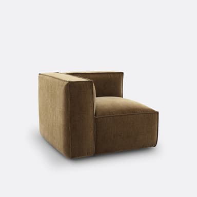 A low-profile, upholstered corner armchair with a modular design. It features a deep seat cushion and a wrap-around backrest forming a corner configuration. The upholstery has a distinct corduroy texture. — 3D model