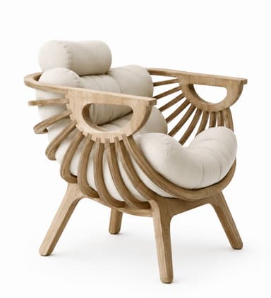 A lounge chair with a visible wood frame and upholstered cushions. The backrest features a curved wooden top rail with 'MARINA LOUNGE CHAIR' engraved on it, supported by vertical wooden slats. The side arms are constructed with a latticed wood design. The chair has four wooden legs with a natural finish. — 3D model