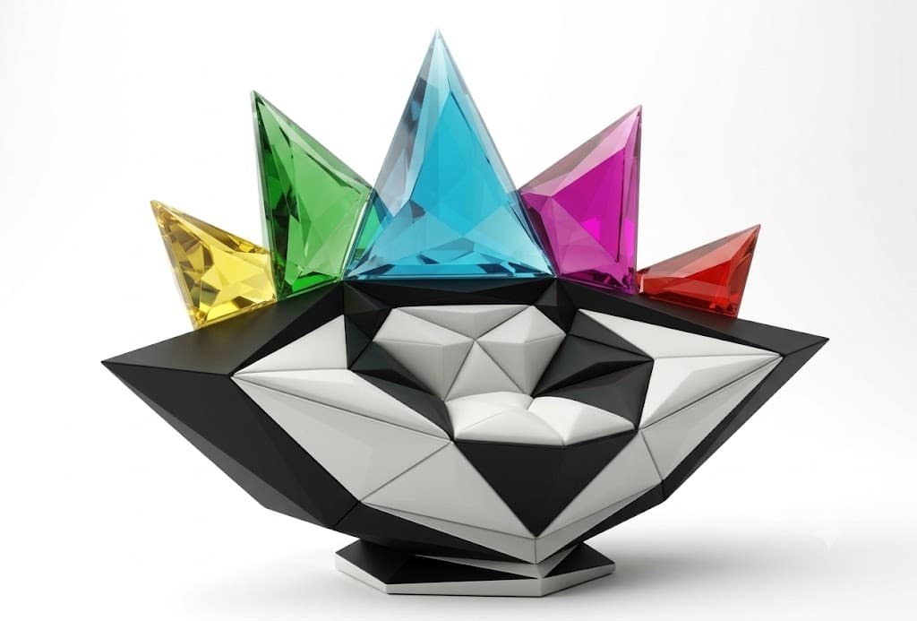 A highly stylized, avant-garde chair featuring a faceted geometric design. The main body is composed of black and white polygonal panels, forming a deep, sculptural seat. The backrest is dominated by five prominent, upright, pyramid-like crystals in yellow, green, blue, magenta, and red, creating a striking, colorful crown-like effect. The entire piece rests on a smaller, faceted hexagonal base, emphasizing its architectural and artistic nature. — 3D model