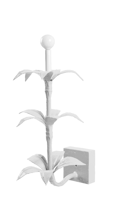 A white, wall-mounted light fixture designed in an Art Deco or Hollywood Regency style with a botanical motif. It features a vertical stem-like structure with tiered, stylized leaf-like elements. At the top, there is a spherical light diffuser, suggesting a single bulb. The entire fixture is monochromatic white, with a slightly textured, matte finish, giving it a sculptural appearance. — 3D model