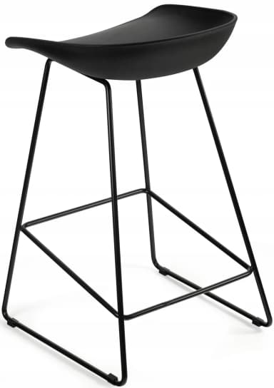 A minimalist, contemporary bar stool featuring a deeply contoured, ergonomic seat crafted from matte black molded plastic. The seat is supported by a sturdy and visually light base composed of slender, powder-coated black metal rods, which form a stable four-legged structure and an integrated footrest. — 3D model
