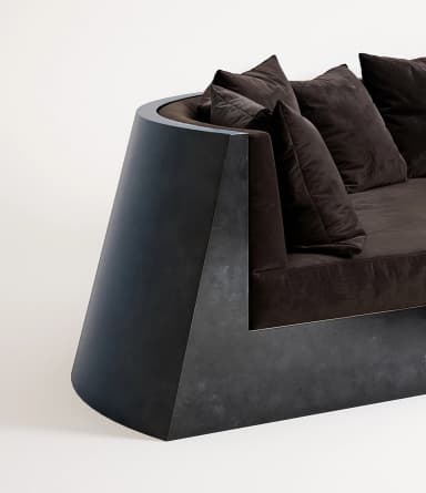 A U-shaped modular sectional sofa with dark brown velvet upholstery and a prominent, dark-toned sculptural base. — 3D model