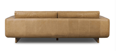A modern two-seater sofa upholstered in tan leather, featuring clean lines, thick cushions, and subtly rounded arm details, supported by recessed dark wood block legs. — 3D model