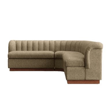 A beige L-shaped sectional sofa featuring vertical channel tufting on its backrest and arms, supported by a continuous, dark wood plinth base. The sofa is composed of modular sections, including a chaise element on the left side. — 3D model