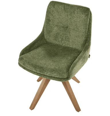 An upholstered accent chair featuring a swivel function and a splayed wooden base. The chair's bucket-style seat and backrest are covered in a textured olive green fabric, with subtle button tufting on the back. The four-legged base is constructed from light-toned wood, with each leg splaying outwards, and is connected to the seat by a black metal swivel mechanism with visible silver hardware. — 3D model