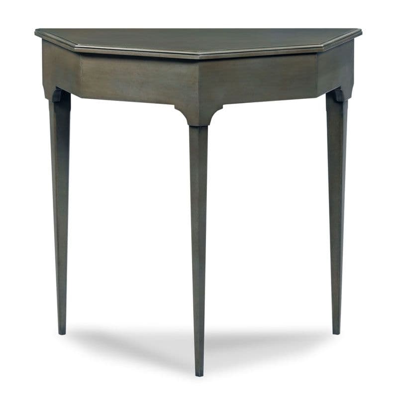 A polygonal console table with three tapered legs. The top surface is flat and has a hexagonal shape. The apron of the table features decorative inlays or carvings where the legs attach. The legs are slender and have a gradual taper from the apron to the floor. — 3D model