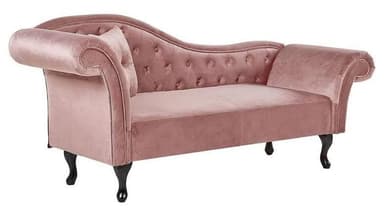 A blush pink velvet chaise lounge featuring a tufted backrest and a single scroll armrest. It includes a matching throw pillow and is supported by dark, ornate cabriole legs. — 3D model