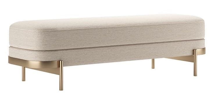 A contemporary upholstered bench featuring a long, rectangular form with rounded edges, supported by a metallic frame and slender legs. The bench comprises two distinct upholstered sections, creating a layered appearance. The primary upholstery is a light beige or cream-colored fabric with a subtle textured weave. The metal base and legs have a polished brass or gold-toned finish, providing a sleek and modern contrast to the soft upholstery. — 3D model