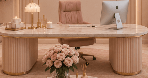 An oval coffee table featuring a light-colored marble top and two substantial, cylindrical pedestal bases. The bases are finished in a pale pink or peach hue with a distinct fluted texture, and each base is accented with a gold-tone band at its bottom edge. A thin gold-tone trim also outlines the edge of the tabletop, adding a touch of elegance to the modern design. — 3D model