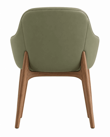 A contemporary armchair featuring a curved, enveloping shell upholstered in a sage green material, likely leather or high-quality faux leather. The chair rests on a splayed and tapered wooden base, providing a modern and elegant aesthetic. It includes a removable seat cushion for added comfort. — 3D model