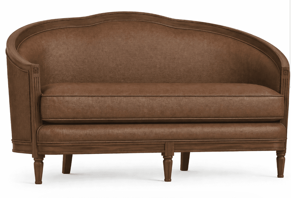 A two-seater sofa upholstered in brown leather with a textured finish. The sofa features a curved backrest and armrests with a wooden frame. The wooden frame is visible along the top edge, down the sides, and forms the base and legs. Decorative fluting and carved accents are present on the wooden parts of the arms. The cushions are integrated into the sofa's structure. It has four turned legs supporting the base. — 3D model
