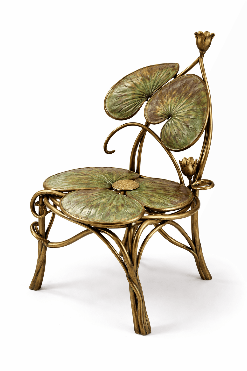 A highly decorative accent chair designed to resemble a lily pad and lotus flower arrangement. The seat is formed by four overlapping lily pads, with a central decorative element. The backrest is composed of two larger lily pads, with stems and buds extending upwards, one forming the top of the back. The frame and legs are crafted from metal, sculpted to mimic twisting vines and stems, providing a naturalistic aesthetic. The lily pads are rendered with realistic veining and coloration, transitioning from green to brown, suggesting aged foliage. — 3D model