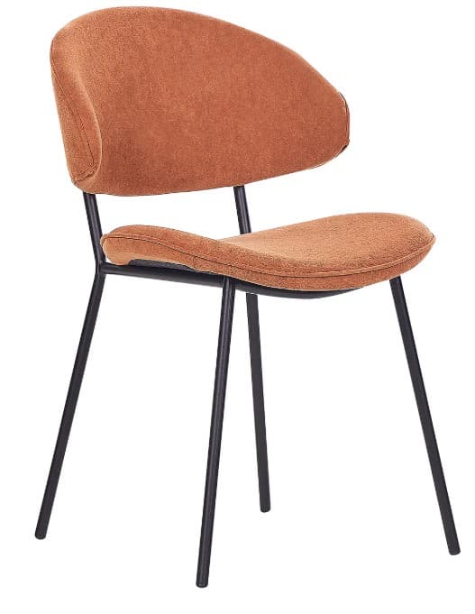 An armless contemporary dining chair featuring a curved, ergonomically shaped seat and backrest upholstered in a terracotta or rust-colored fabric, supported by slender black metal legs. — 3D model