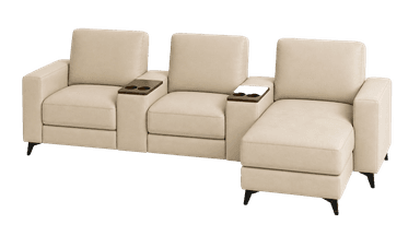 A modular beige sofa composed of three sections, with the rightmost section forming a chaise lounge. Each seating section features thick, upholstered cushions and integrated armrests. Between the first two seating sections and the second and third seating sections (on the chaise), there are dark wood consoles with built-in cup holders. The sofa is supported by slender, dark, angled legs. — 3D model