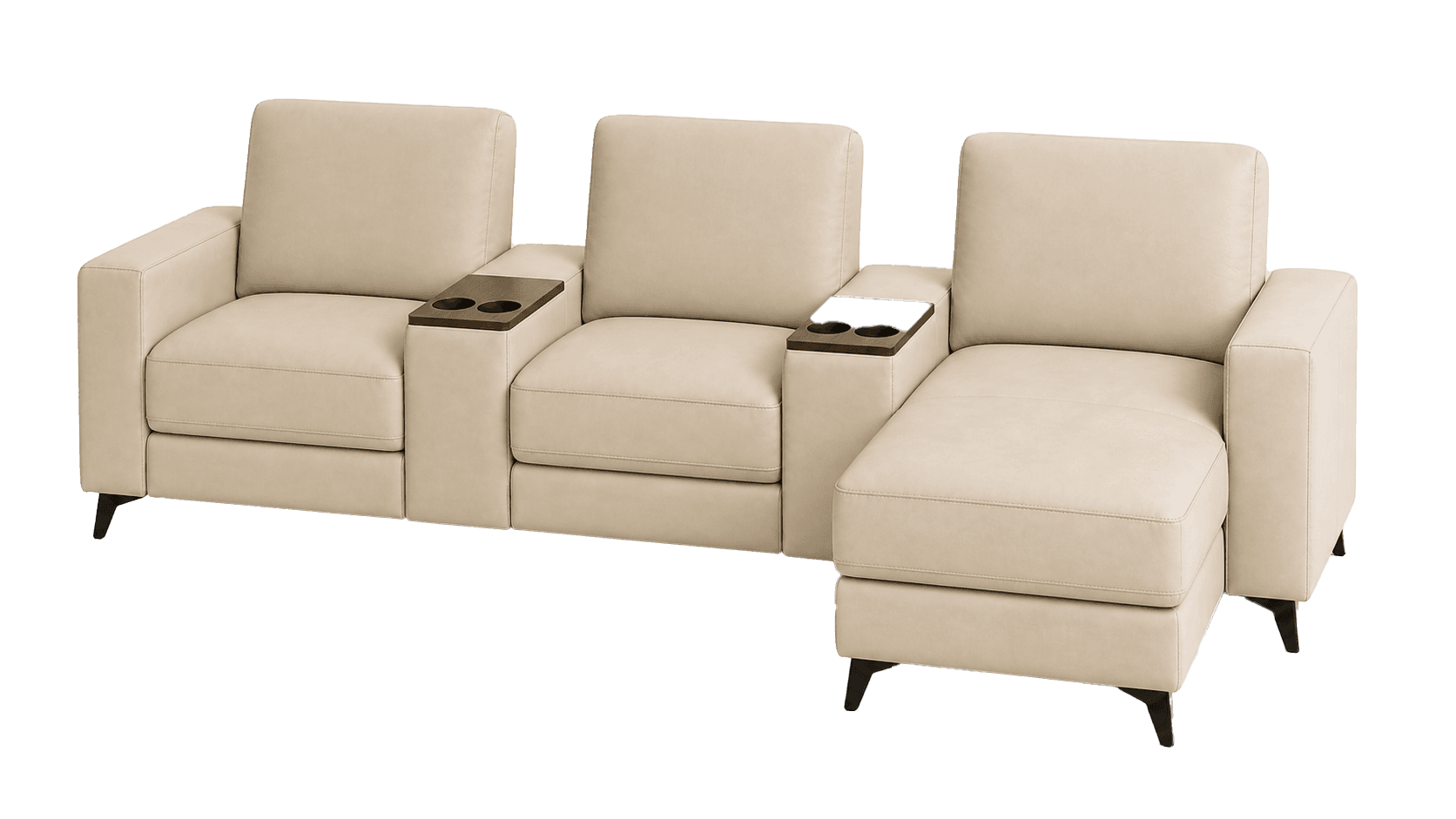 A modular beige sofa composed of three sections, with the rightmost section forming a chaise lounge. Each seating section features thick, upholstered cushions and integrated armrests. Between the first two seating sections and the second and third seating sections (on the chaise), there are dark wood consoles with built-in cup holders. The sofa is supported by slender, dark, angled legs. — 3D model