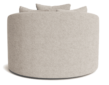 A contemporary upholstered swivel barrel chair in a light beige textured fabric, featuring a rounded, compact form with a low, curved back and integrated arms. The chair is designed for comfort and includes three matching throw pillows. — 3D model