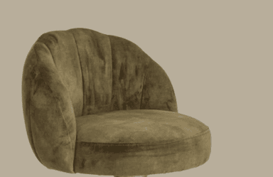 A compact, contemporary accent chair featuring olive green velvet upholstery, a channel-tufted backrest, and a polished brass-finished pedestal swivel base. — 3D model