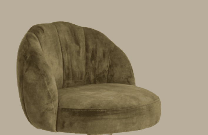 A compact, contemporary accent chair featuring olive green velvet upholstery, a channel-tufted backrest, and a polished brass-finished pedestal swivel base. — 3D model