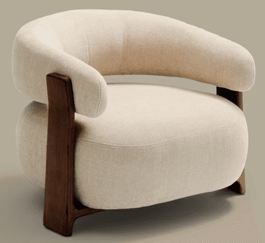 A modern armchair featuring a distinctly rounded and organic form. The upholstery is a textured, neutral-toned fabric, contrasting with the dark, solid wood frame. The frame has a minimalist design with prominent vertical elements for armrests and legs, creating a sculptural appearance. — 3D model