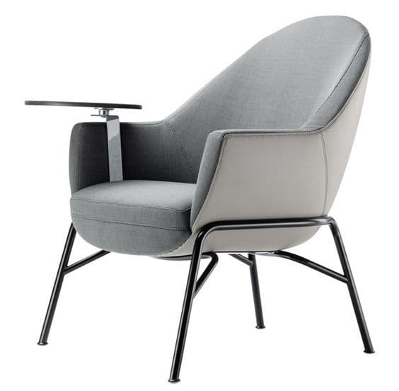 A modern armchair with a distinctive silhouette, featuring a high, curved backrest that tapers downwards. The chair has upholstered armrests, with the left armrest supporting a small, dark, swiveling tablet or tray. The seat and back are upholstered in a textured gray fabric, while the sides and rear exterior of the backrest appear to be made of a lighter, smoother material, possibly leather or a similar composite. The chair rests on a slender, metallic frame with four splayed legs, designed with a minimalist aesthetic. The overall design suggests a contemporary or executive style. — 3D model