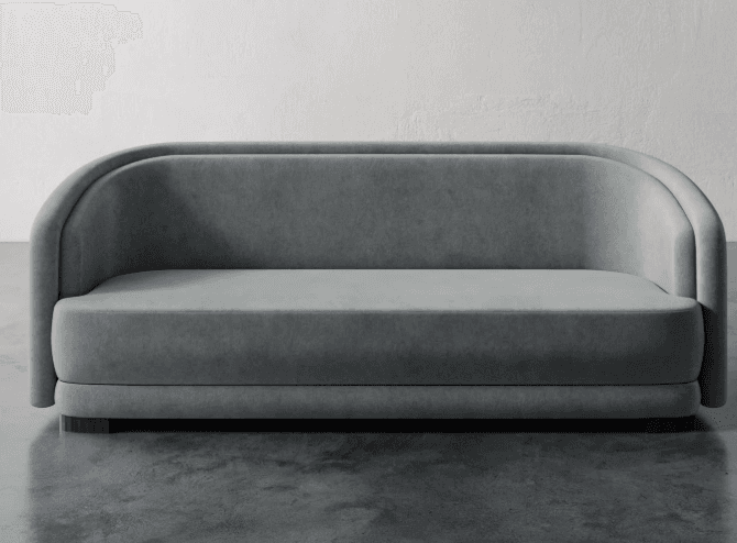 A contemporary sofa with a rounded silhouette and plush upholstery. It features a continuous arm and backrest that curves around the seating area, offering a unified and modern aesthetic. The base is a low-profile, rounded frame with subtle wooden feet. — 3D model