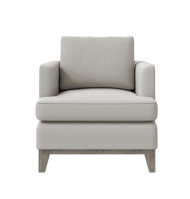 A contemporary armchair with a clean, boxy silhouette. It features plush, upholstered cushions for the seat and back, with a separate lumbar cushion. The frame is supported by four tapered wooden legs and a minimalist wooden base. The upholstery appears to be a textured fabric. — 3D model