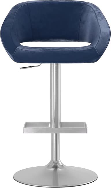 A modern swivel bar stool featuring a bucket-style seat upholstered in dark blue velvet, mounted on a brushed silver metal pedestal base with a circular footrest and a circular floor plate. An adjustment lever is visible beneath the seat. — 3D model
