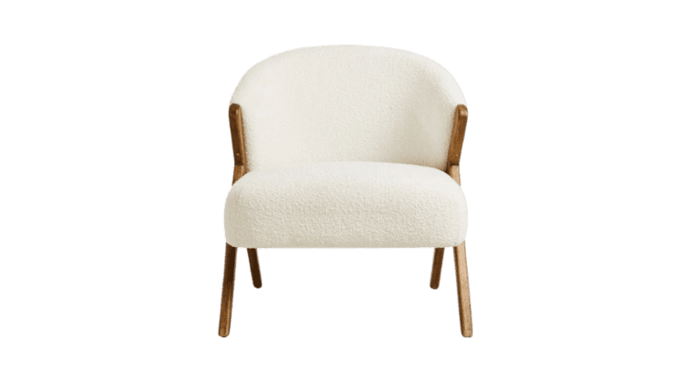 A modern lounge chair upholstered in cream bouclé fabric, featuring exposed wooden armrests and tapered wooden legs. — 3D model