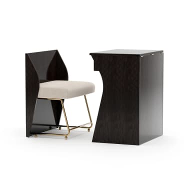 A modern vanity or desk set featuring a chair and a matching console-style table. Both pieces exhibit a geometric design with sharp angles and clean lines, finished in a dark wood veneer. The chair has an upholstered seat and a slender brass base, designed to tuck neatly into the cutout of the table. — 3D model