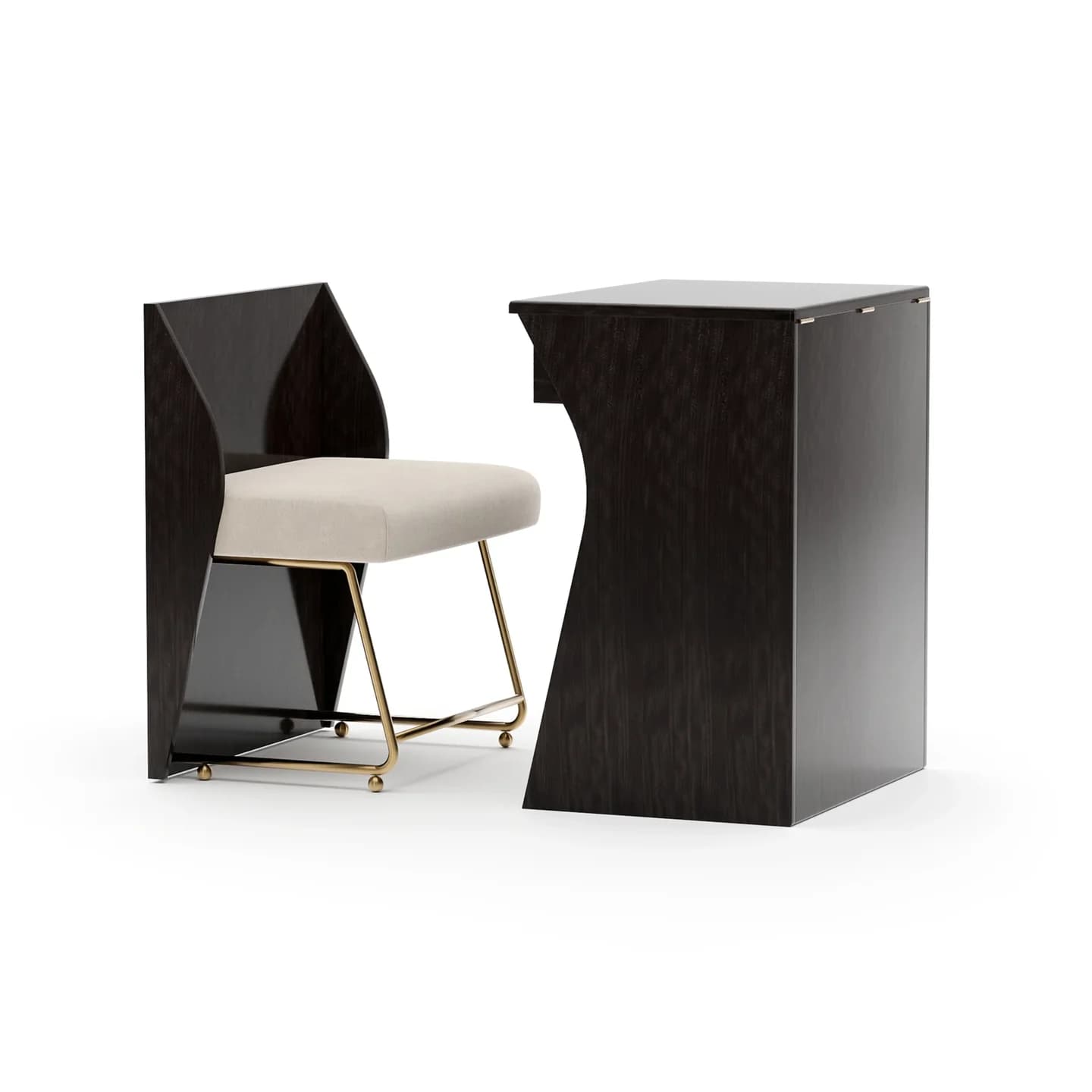 A modern vanity or desk set featuring a chair and a matching console-style table. Both pieces exhibit a geometric design with sharp angles and clean lines, finished in a dark wood veneer. The chair has an upholstered seat and a slender brass base, designed to tuck neatly into the cutout of the table. — 3D model
