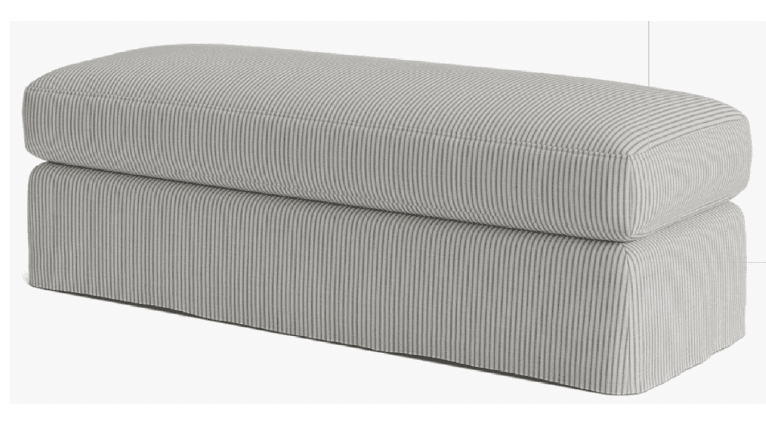 A rectangular upholstered ottoman or bench, featuring a separate, plush top cushion and a matching skirted base. The entire piece is covered in a light-colored fabric with a fine dark pinstripe pattern. — 3D model